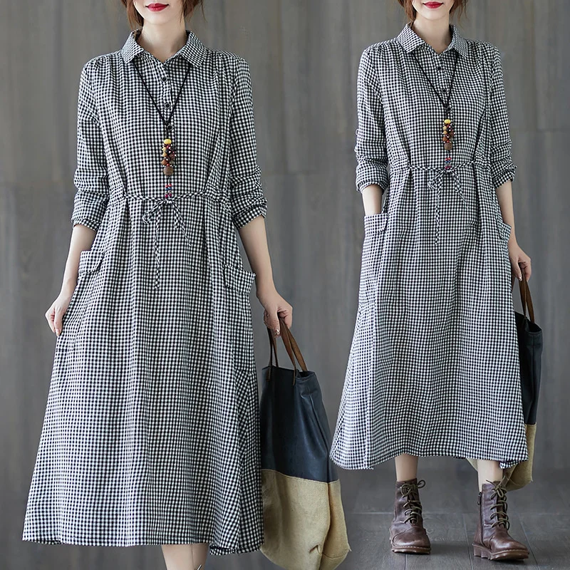 

2021 Women's Summer New Large Korean Casual Plaid Dress Single Breasted Long Sleeve Shirt Skirt Vestido Vfemage Kadife Elbise