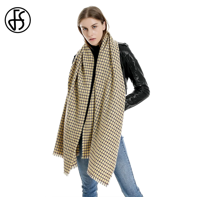 

FS Fashion Houndstooth Head Scarf Women Hijab Pashmina Cashmere Shawl High Quality Long Soft Winter Scarves Blue Echarpe Femme