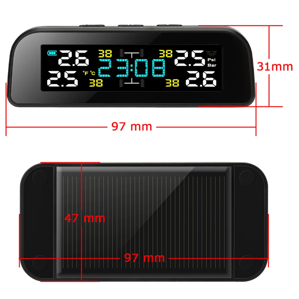 

TY17 TY18 Solar Car TPMS with Clock Auto Tire Pressure Tyre Temperature Monitoring Alarm System TPMS Receiver
