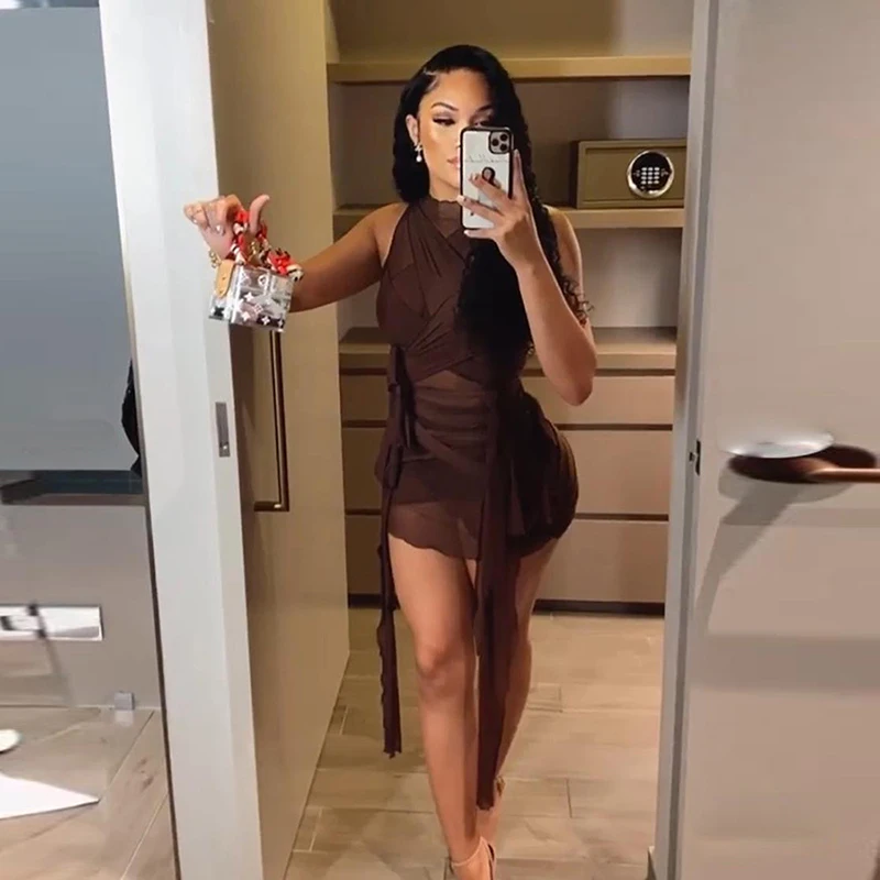 

CIBBAR Sexy Mesh See Through Party Dresses Women Bodycon Solid Mini Dress Female Chic Club Outfits Summer Sleeveless Casual Wear
