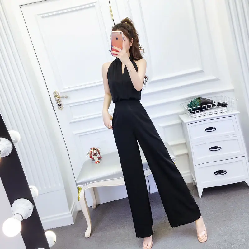 

2021 Summer New Women Fashion Halter Chic Hollow Solid Jumpsuits Female Siamese Sleeveless Wide Leg Conjoined Pants Y487
