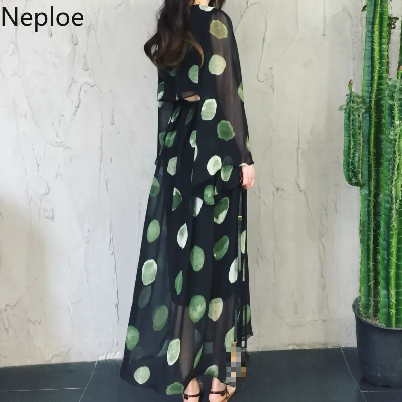 Neploe Polka Dot Women Dress Chiffon V-Neck Long Sleeve Vestidos 2019 Summer Slim Waist Wide Leg Full Dresses 44908 | Женская одежда