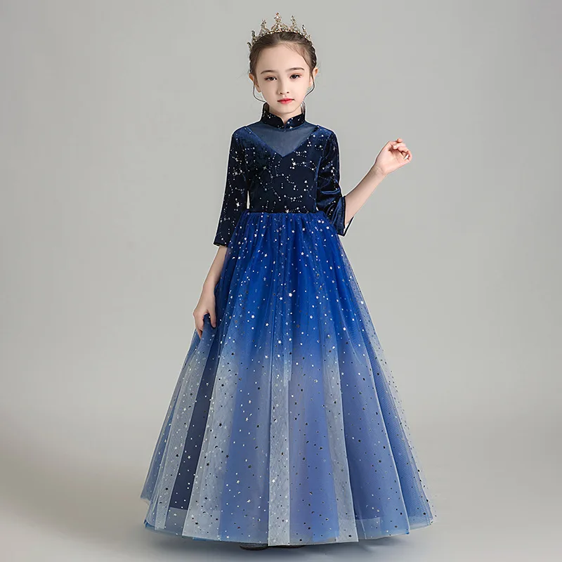 Осенне-зимнее детское вечернее платье принцессы с цветами для девочек из