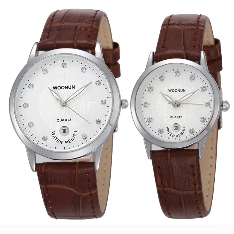 Top Brand Luxury Pair Couple Watches For Lovers WOONUN Leather Strap Quartz-watches Men Women Fashion Rhinestone Diamond Watches
