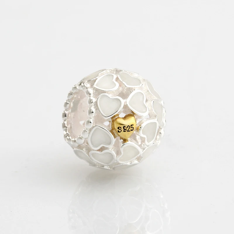 

Hight Quality 925 Sterling Silver White Enamel Gold Heart Fine Beads Fit Original Mikiwuu Charm Bracelets DIY Jewelry Making