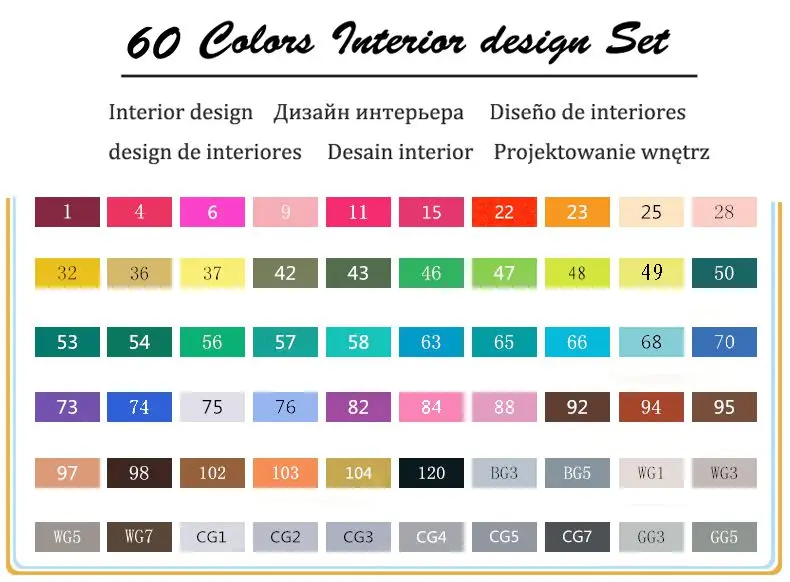 60-Interior-Set TOUCHNEW 30/40/60/80 художественные маркеры на спиртовой основе с двойным наконечником для профессионального рисования, манги, скетчинга, дизайна - Цвет: 60-Interior-Set