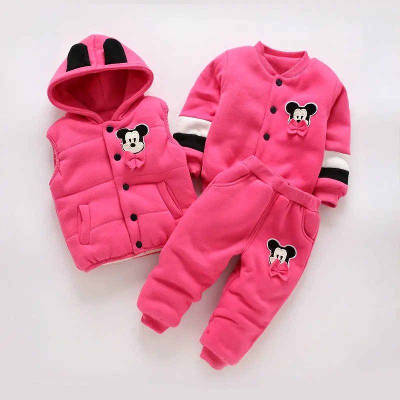 Children clothing sets baby boy and girls winter fashion cartoon mickey thicking Plus velvet hooded warm 3 pcs casual sport suit | Детская