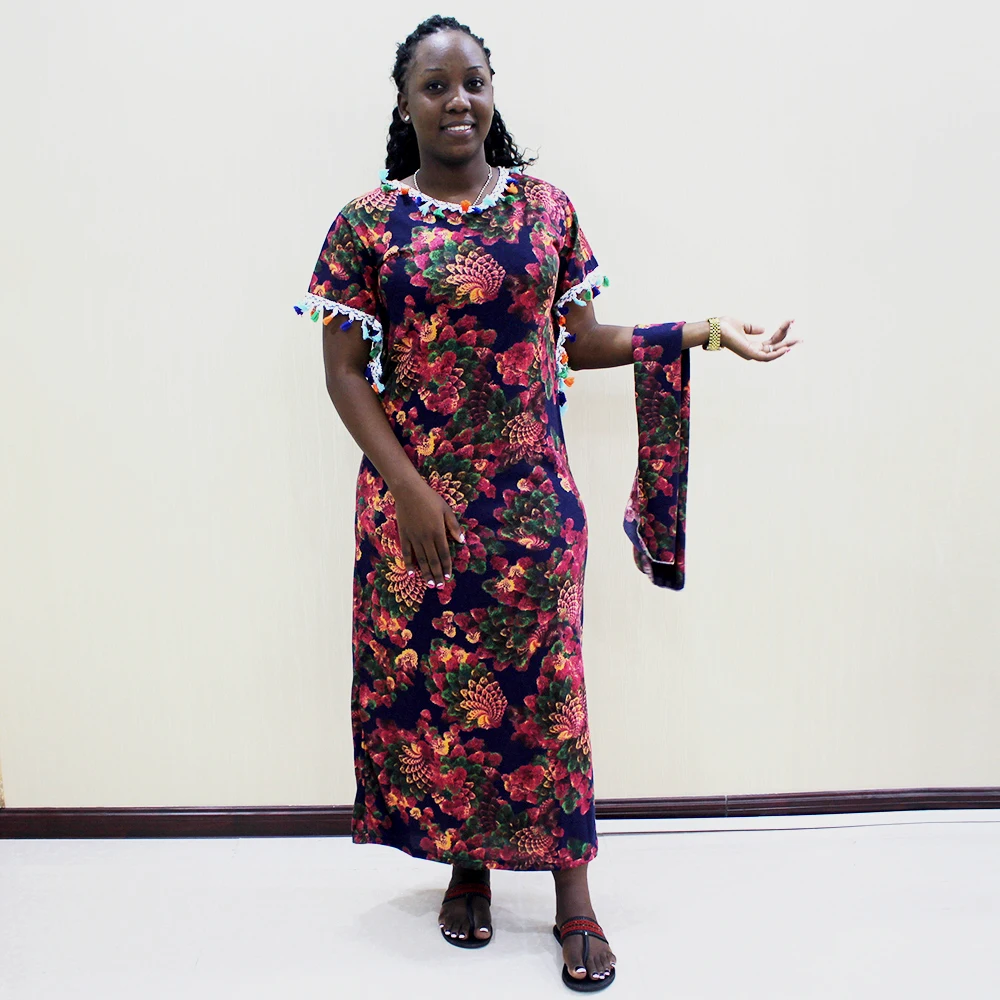 

Muslim Dress Abaya Arab Short-Sleeved Women Foral Tassel Robe Caftan with Scarf african dresses for women