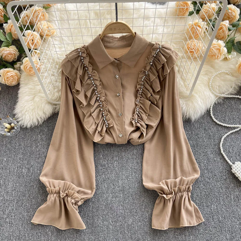 

Женская рубашка WomenSweet D0398, французская шикарная рубашка в тяжелой промышленности с оборками и стразами, с лацканами и рукавами-фонариками