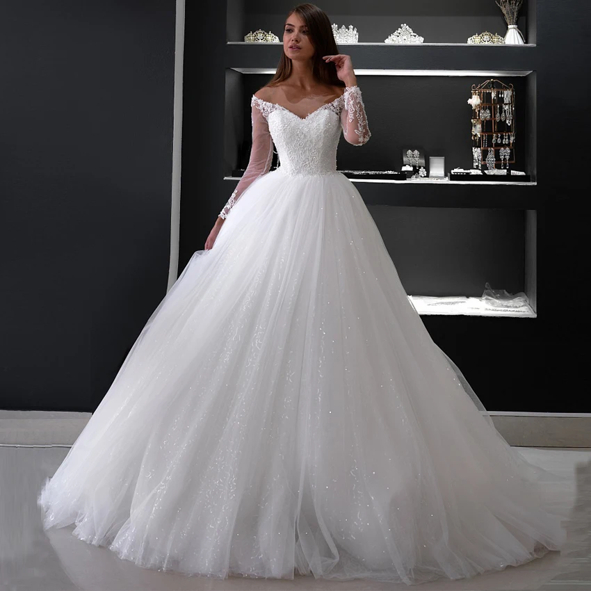 

Gorgeous Long Sleeves Ball Gown Wedding Dress V-neck Sequin Tulle Bridal Gown Lace Applique Vestido De Noiva