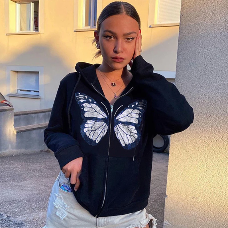 CDJLFH Harajuku Graphic Rhinestone Butterfly Hoodies For Women Y2K Fashion Oversized Zip Up Sweatshirts Long Sleeve Black Hoodie
