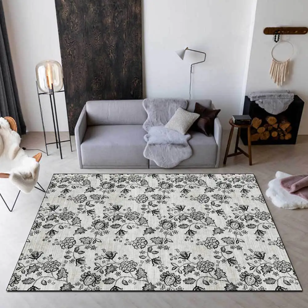 

Simple Elegant Bedroom Bedside Area Rugs American Style Flowers Black and White Gray Printed Living Room Sofa Non-Slip Floor Mat