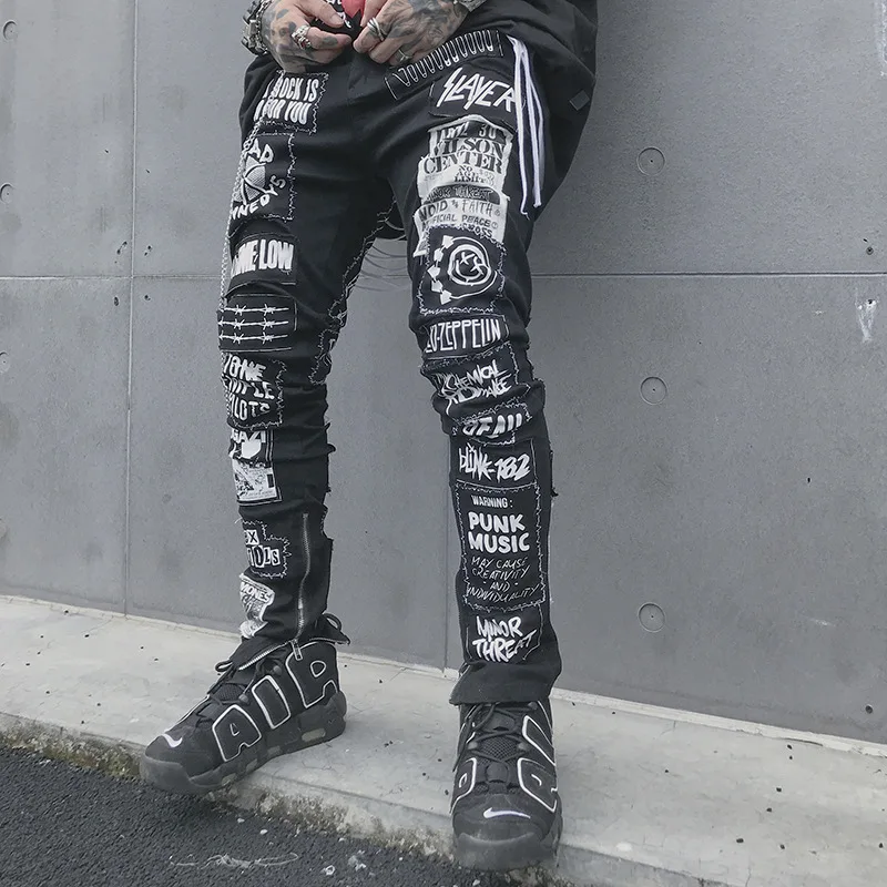 2019 мужские модные черные джинсы с надписями на молнии узкие ковбойские брюки |