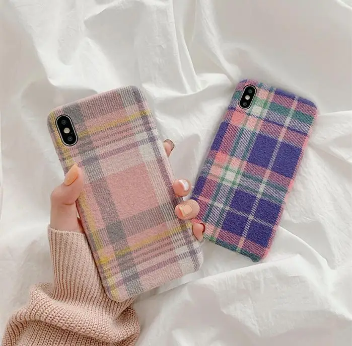 Теплый фланелевый клетчатый чехол для iPhone 11 Pro Max 2019 X XS XR розовый матерчатый