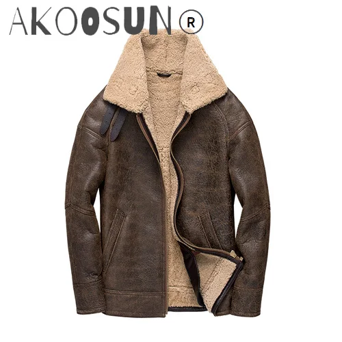 

AKOOSUN Genuine Sheep Shearling Leather Jackets for Men Clothing Winter Jacket Mens Motorcycle Real Sheepskin Coat Ropa LXR787