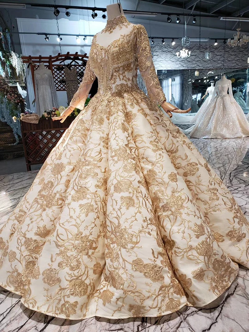 BGW 3428ht Golden Muslim Evening Dress Floor Length High-neck Full Sleeve Tassel Lace Up Back Party Dress 2020 Swollen Avondjurk