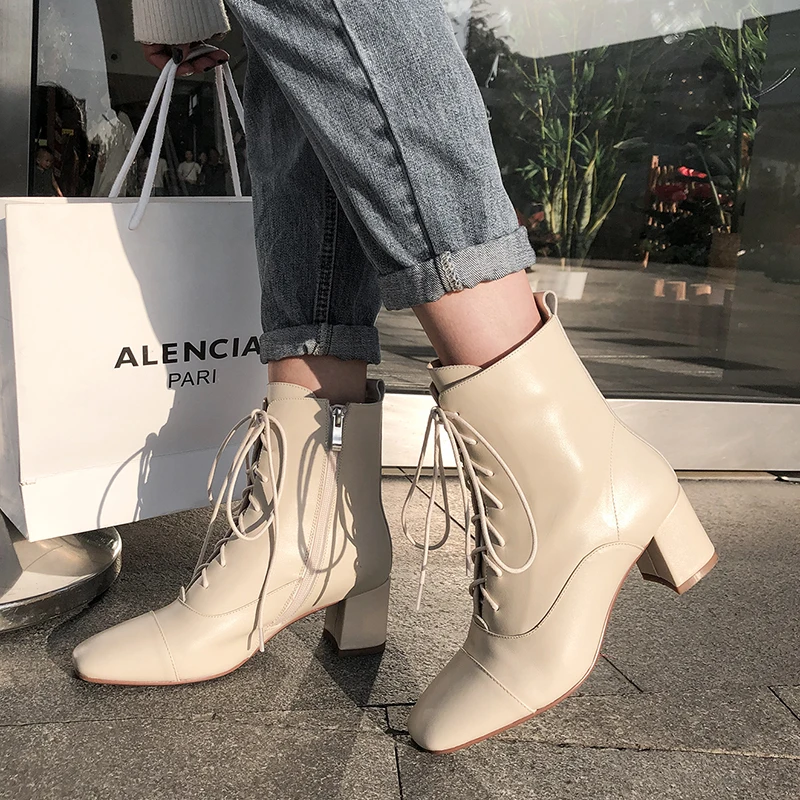 

Women Ankle Boots Natural Leather Outdoor Booties Cowhide Vamp Boots + Sheepskin Insole + Pigskin Lining Square Head Thick Heel