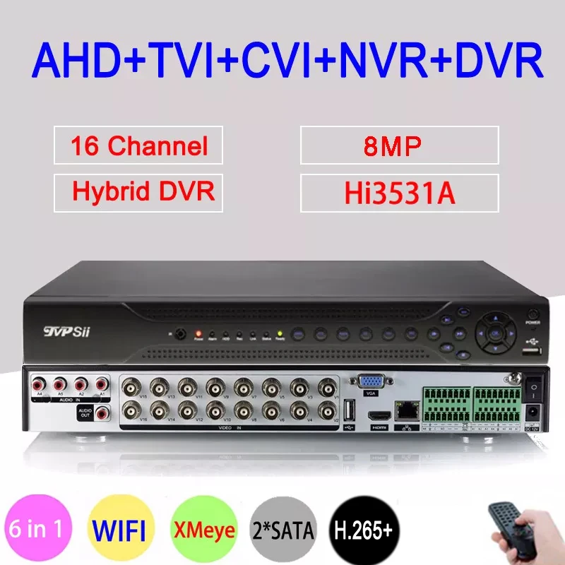 

Hi3531D 8 МП 4K H.265 + 16 каналов 2 * SATA WIFI коаксиальный гибридный 6 в 1 NVR TVI CVI AHD CCTV DVR видеорегистратор