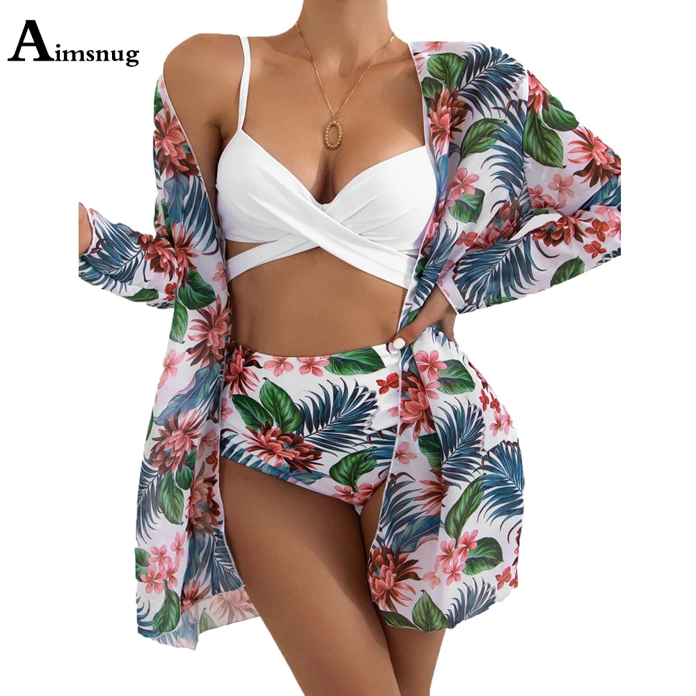 С длинным рукавом Для женщин Высокая талия Купальник Цветочный принт Femme Cover Up 3
