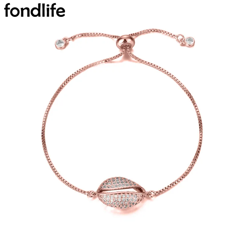 

AAA Shiny White Cubic Zirconia Stones Rosegold Plated Brass Cowrie Seashell Cham Adjustable Bracelet Women Copper CZ Jewelry Her