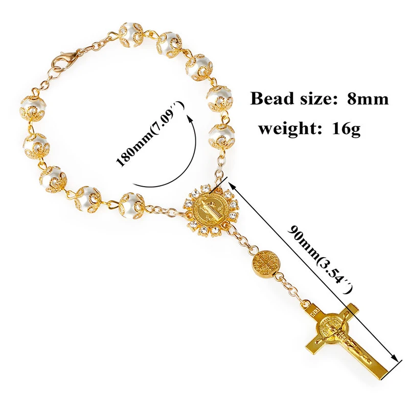 

Gift Lace Elegant Religious Ornaments Imitation Pearls Rosary Bracelet Arm Jewelry Jesus Cross Beaded Bracelet For Girls