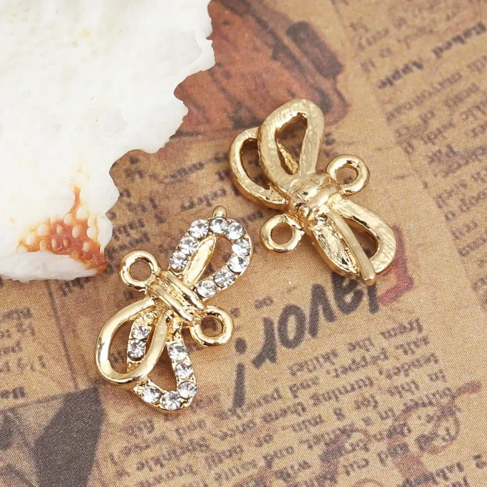 

8Seasons Fashion Zinc Based Alloy Connectors Bowknot Gold Color Metal Clear Rhinestone DIY Jewelry Gifts 17mm x 11mm, 10 PCs