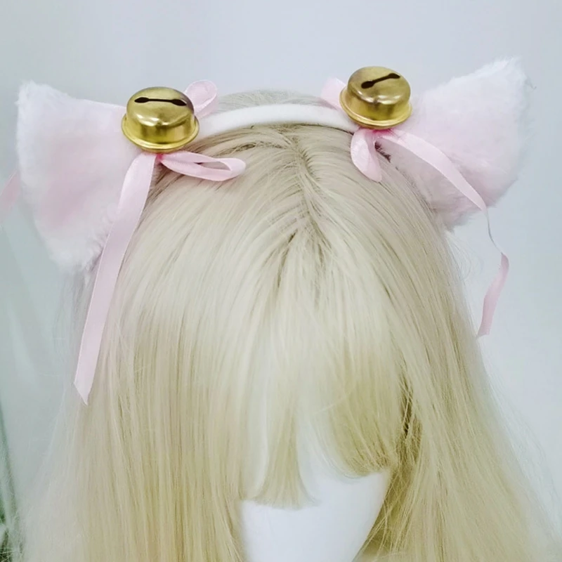 

Japanese Lolita Cosplay Headband Sweet Faux Fur Plush Cat Ears Hair Hoop with Bells Bow Masquerade Anime Party Costume