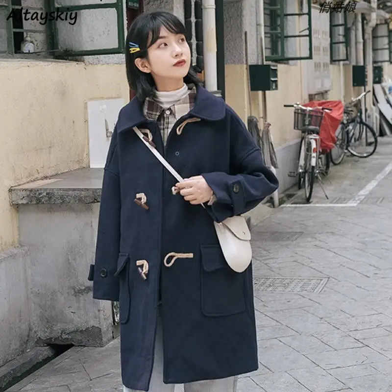 

Medium-long Wool Blends Women Turn-down Collar Loose Horn Button Large Pockets Students Harajuku Sweet Vintage Winter Outerwear