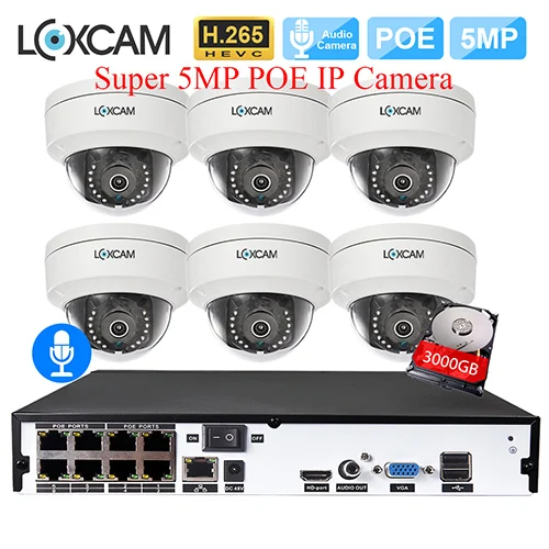 8CH NVR x 6 Cameras LOXCAM H.265+ 8CH POE Система до 16ch 5MP NVR комплект 5MP аудио Антивандальная купольная POE ip-камера 5MP День Ночь Камера безопасности комплект - Цвет: 8CH NVR x 6 Cameras