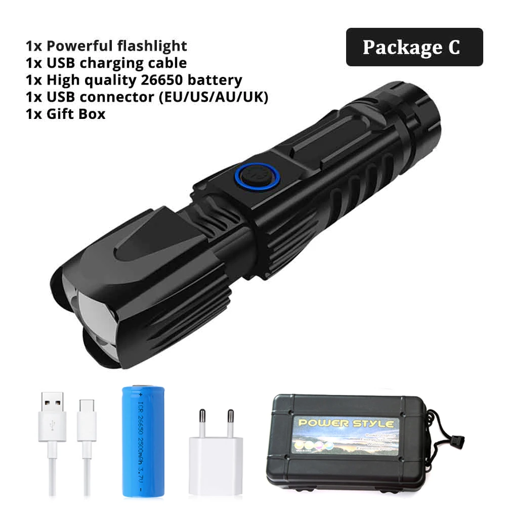Package C Супер яркий светодиодный тактический фонарь высокой мощности XHP50/70,2/90, охотничий фонарь, USB зарядка, телескопическая лампа с зумом, аккумулятор 26650 - Испускаемый цвет: Package C