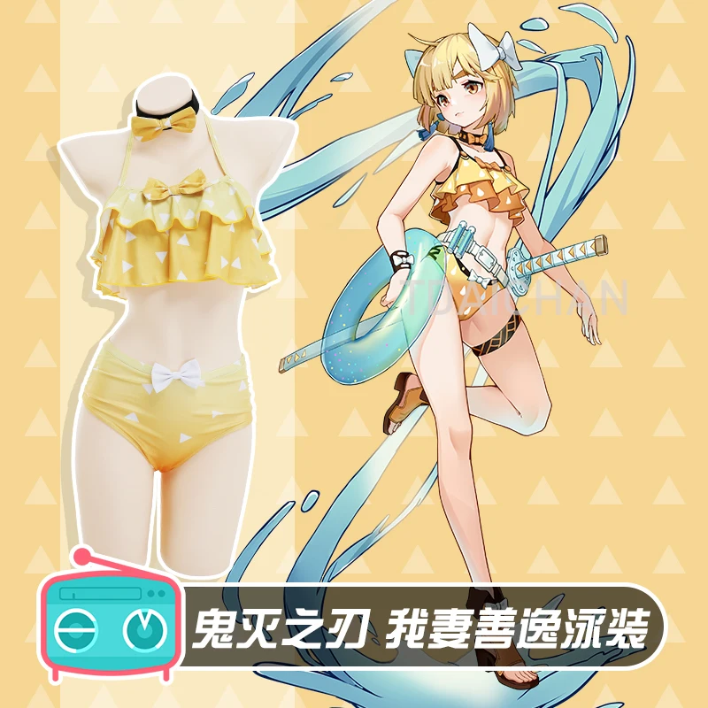 

Anime Demon Slayer Swimsuit Bikini Agatsuma Zenitsu Cosplay Costume Hairpin Woman Sexy Beach Swimwear Bathing Suit Woman Girls