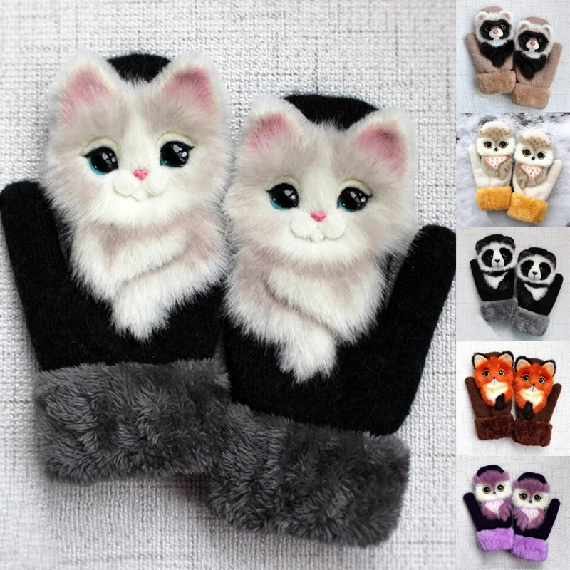 

Милые вязаные перчатки для кошек и собак для женщин и девушек креативные бархатные плотные перчатки с животными варежки теплые женские пер...