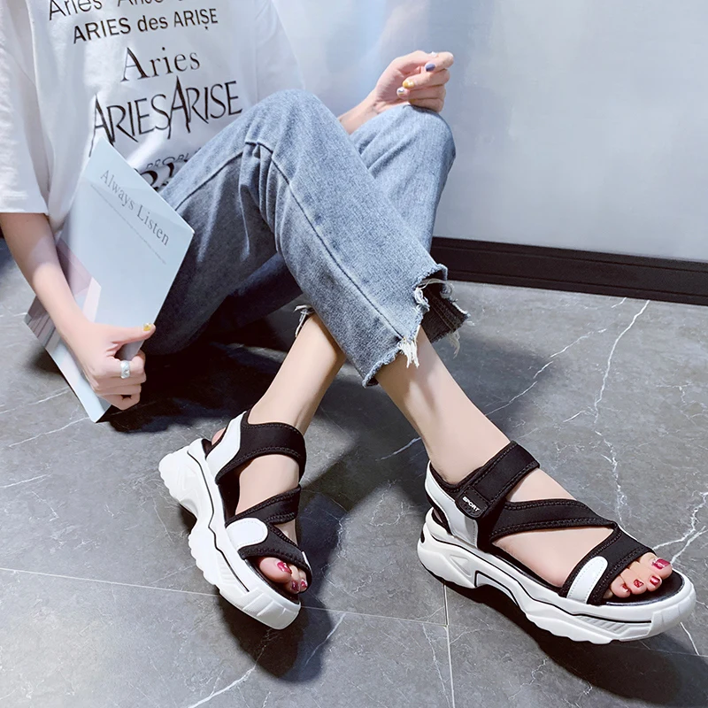 Black White casual Sport Sandals Women Platform Shoes Summer Outdoor Fashion Open Toe Beach 2020 | Обувь