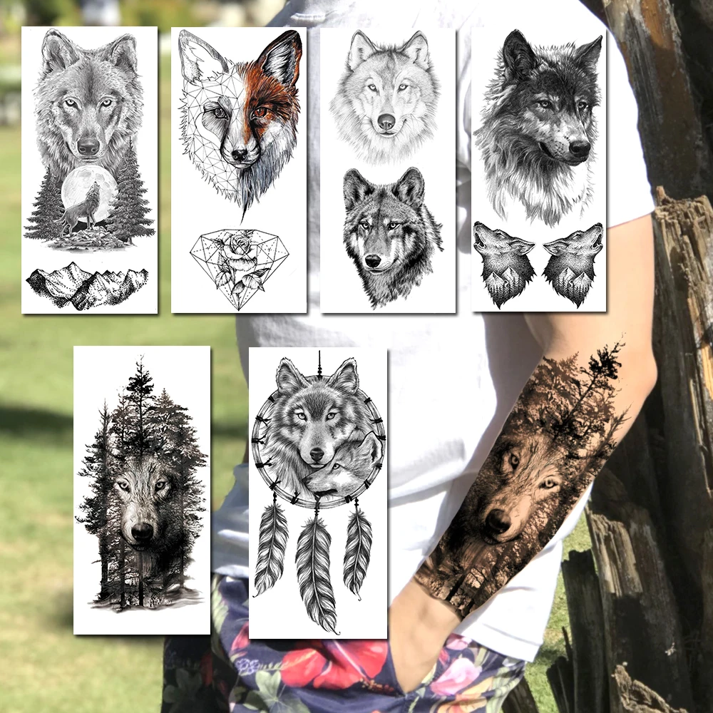 

Forest Black Wolf Tattoos Sticker For Men Women Realistic Fake Body Art Temporary Tattoos Waterproof Dreamcatcher Tatoos Decal