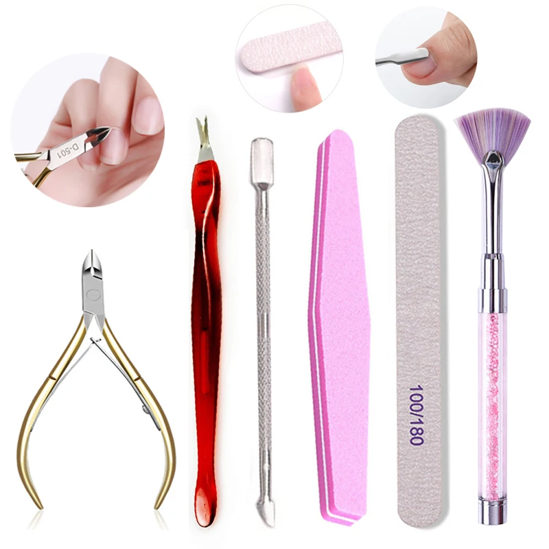 

6PCS/Set Nail Art Tool Kit Nail Art Cutter Scissor Dead Skin Remove Pusher Professional Nail File Rhinestone Handle Nails Brush