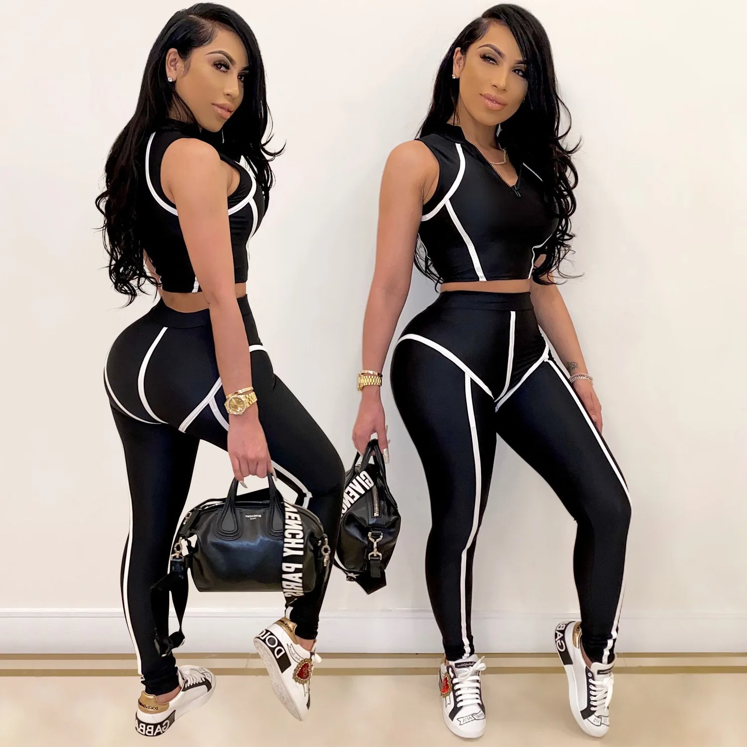 

Cutubly Solid Two Piece Sets for Women V-Neck Sexy Two Piece Set Tank Tops and Trousers 2020 Summer Zipper Casual Two Piece Set