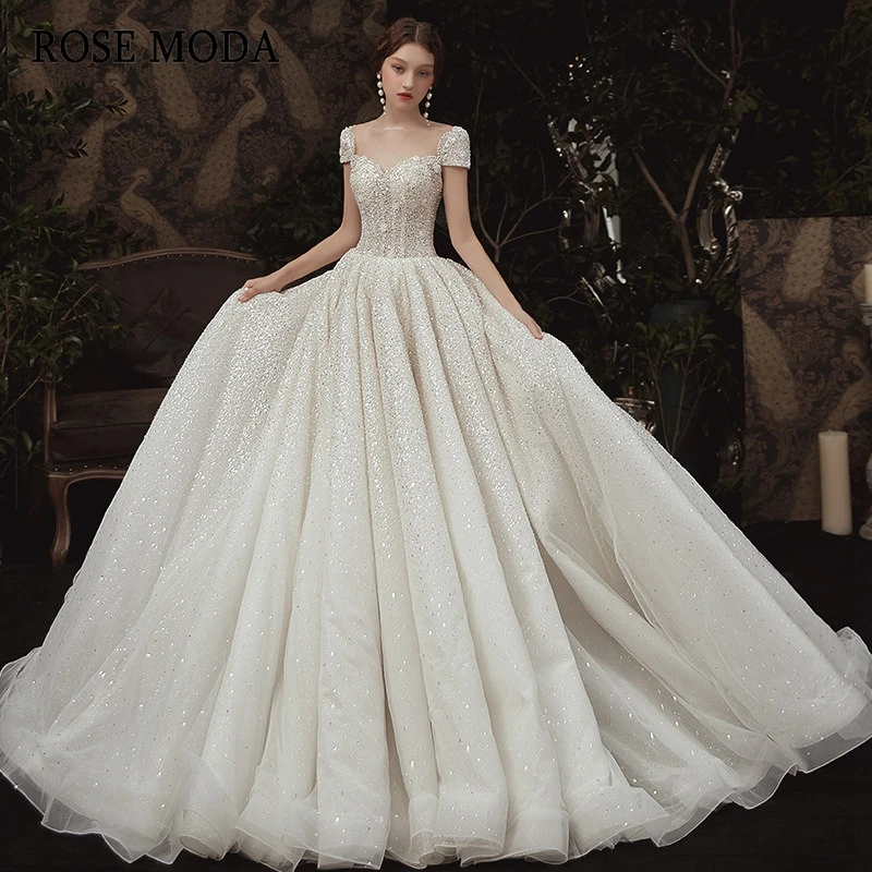 

Роскошное блестящее свадебное платье с кристаллами Rose Moda, Свадебное бальное платье принцессы с рукавами