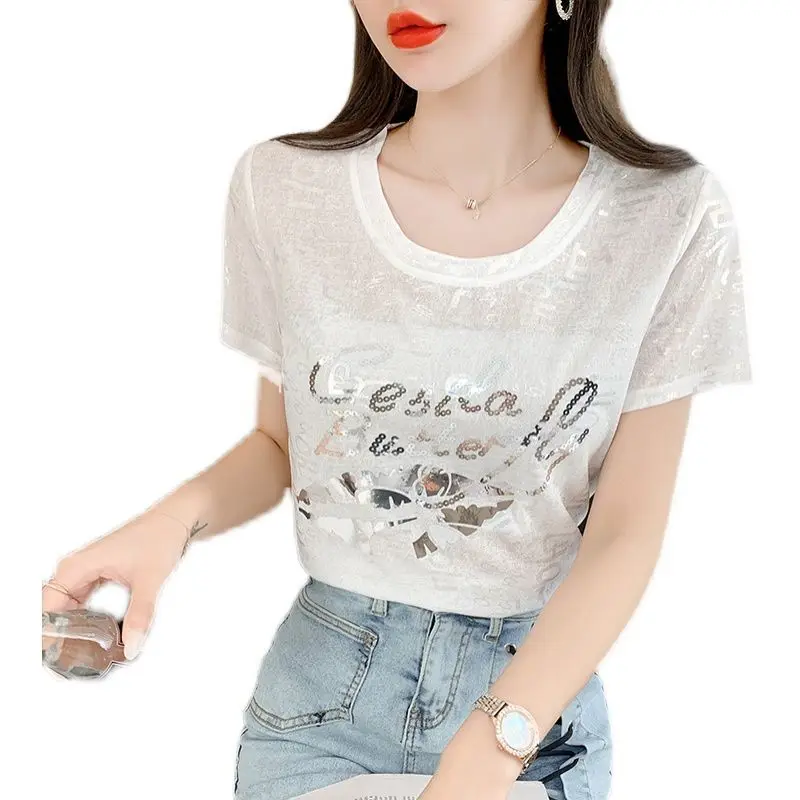 

Summer 2021 new versatile loose gilded printed short sleeve T-shirt women's top