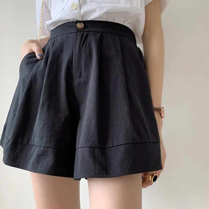 

Шорты женские с завышенной талией, хлопковые прямые однотонные модные короткие штаны с широкими штанинами в Корейском стиле, черные белые, ...