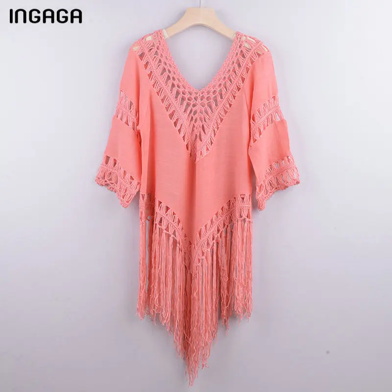 

INGAGA Sexy Women's Swimwear 2021 Hollow Out Dress Solid Lace Beach Cover Up Half Sleeve Women Swimsuits Summer V-neck Dresses