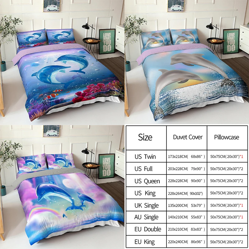 

3D Printing Animal Bedding Set Dolphin Pattern Duvet Cover with Pillowcase Quilt Cover Queen King Bed Linens for Kids Bedclothes
