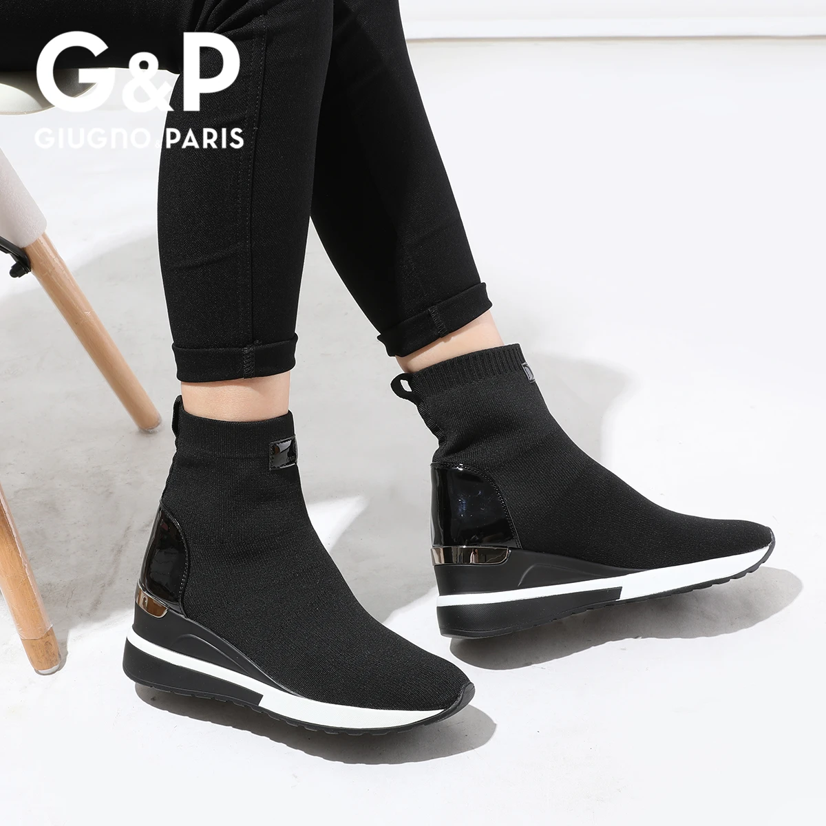 New Knitted Shoes Women High Top Women's Sock Sneakers Spring Women Knit Breathable Shoes Female Platform 6CM