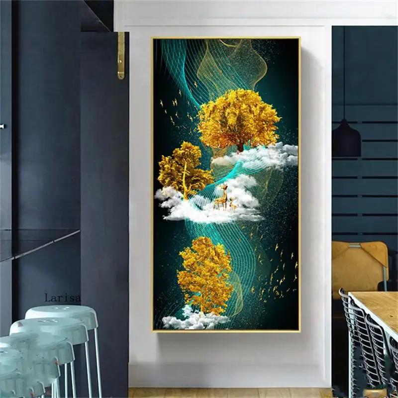 

Luxurious Decor Poster Abstract Landscape Golden Tree Elk and Elephant Print Canvas Painting Wall Art Room Porch Office Decor
