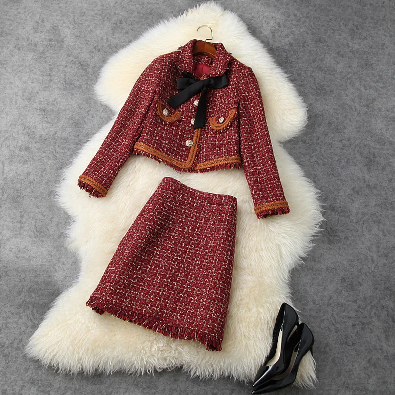 

2021 HIGH STREET New Designer set Women's Single Breasted Bow Tweed Retro Jacket Skirt Set