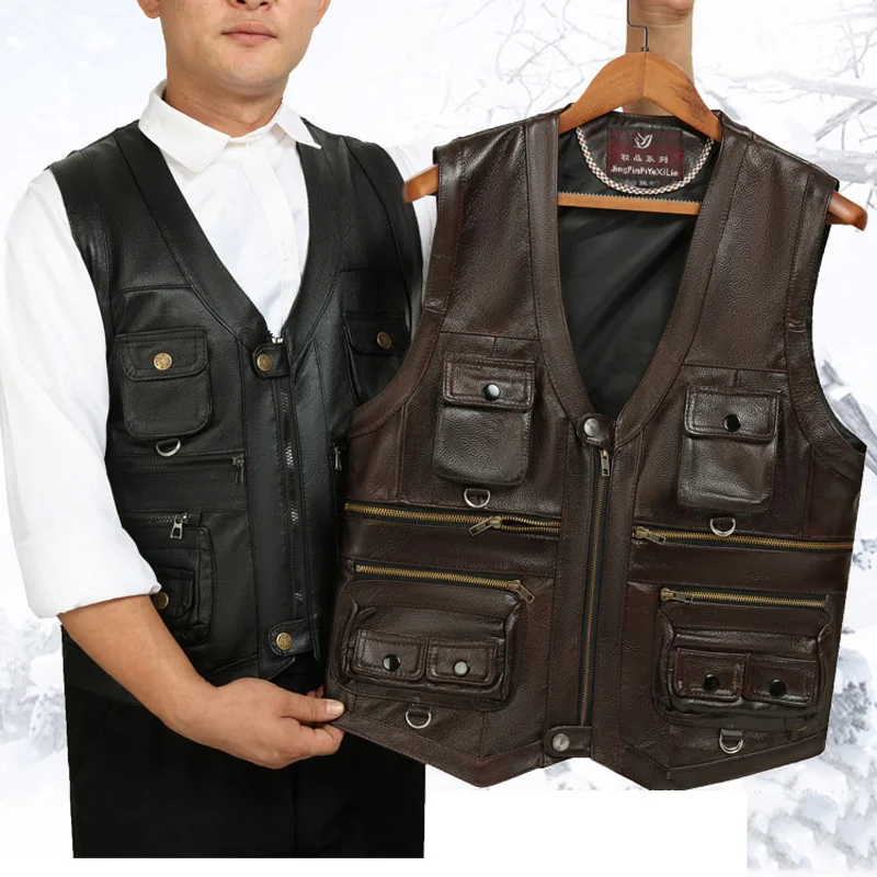 

Cowhide Genuine Leather Vest Men Brown Waistcoat Male Sleeveless Jacket Thick Motorcycle plus size Multi Pocket Zipper Coats