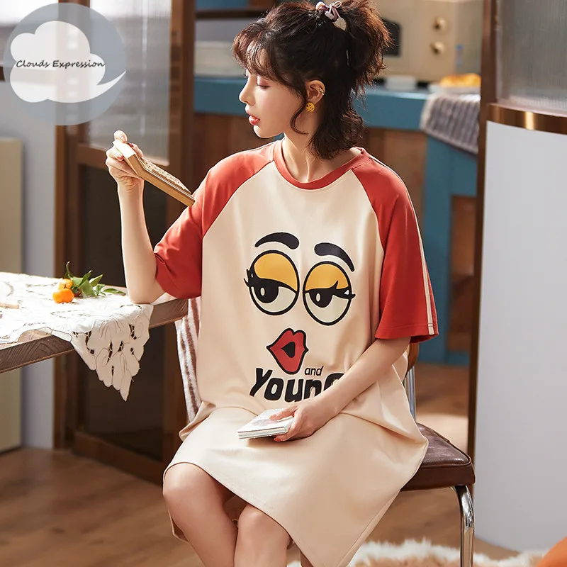 

Summer Knitted Cotton O-neck Women Short Cartoon Sleepwear Girl Nightgowns Nightwear Nightdress Sleepwear Home Sleep Dress 1627