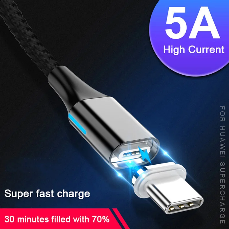 Магнитный кабель Micro usb Type C 5A Сверхбыстрая Зарядка для Huawei P30 Samsung xiaomi redmi note 8 pro iphone