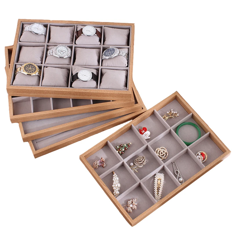 

Gray Velvet Wood Watch Rings Jewelry Dispaly Storage Tray Bracelet Bangle Jewelry Organizer Box 36cm*25cm*3cm