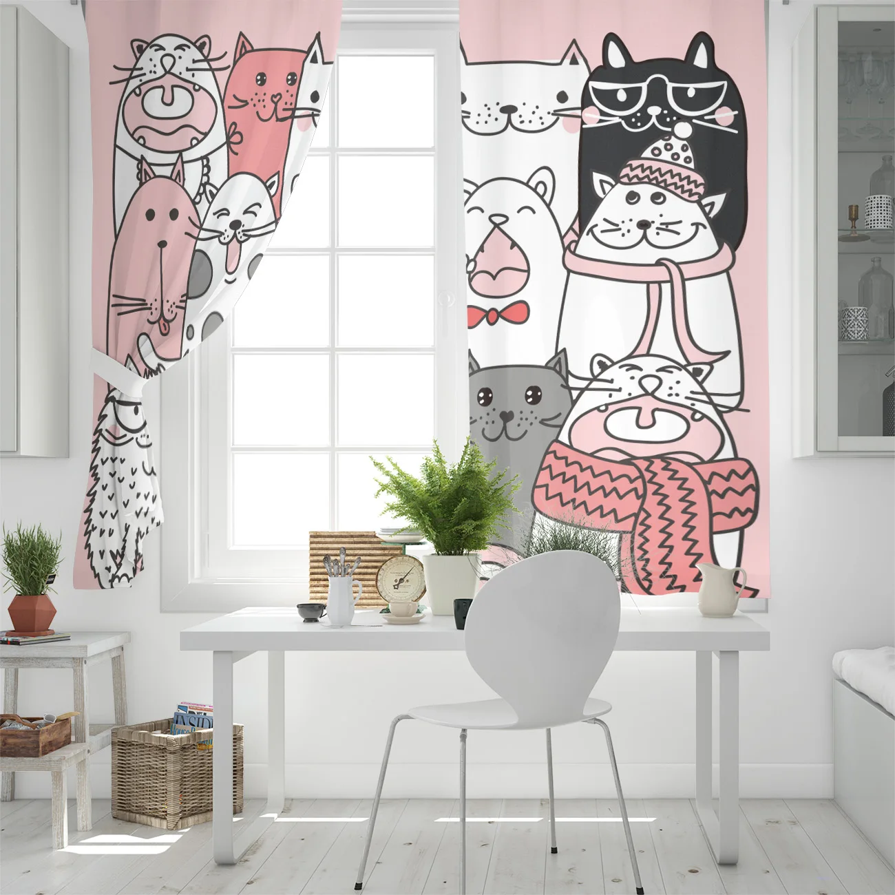 Комикс кот животное розовые кавайные оконные шторы гостиная кухня Современный