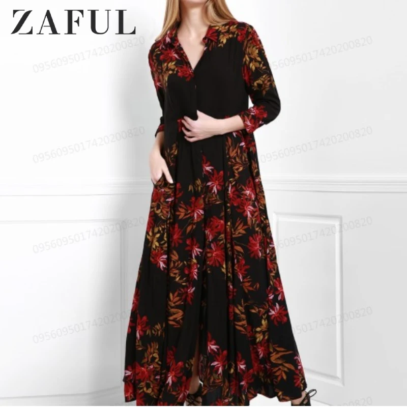 Женское однобортное платье с рукавом 2019 и принтом листьев|Женские платья| |